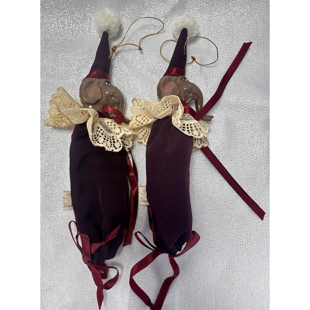 Katherine's Collection Elephant Clown Jester 9" Treat Bag Ornaments Pair Kleski
